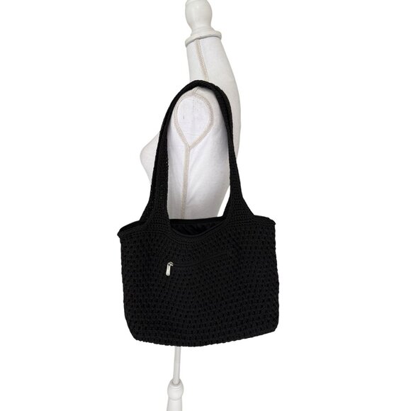 The Sak Black Crochet Double Handle Shoulder Bag Purse Excellent - Picture 1 of 15